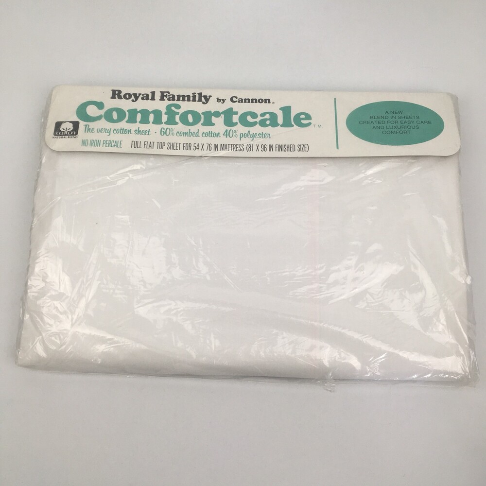 NOS VTG Cannon Royal Family Double Full Flat Bed Sheet Solid White Plain Percale